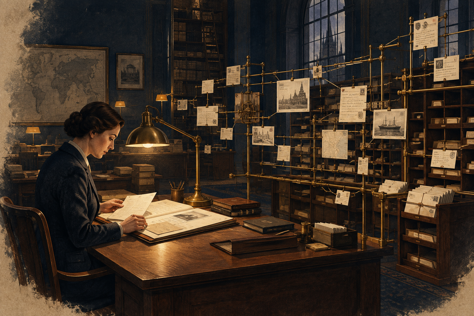 An editorial illustration depicting an editor reviewing documents at a timber desk surrounded by an intricate mechanical archive filing system.