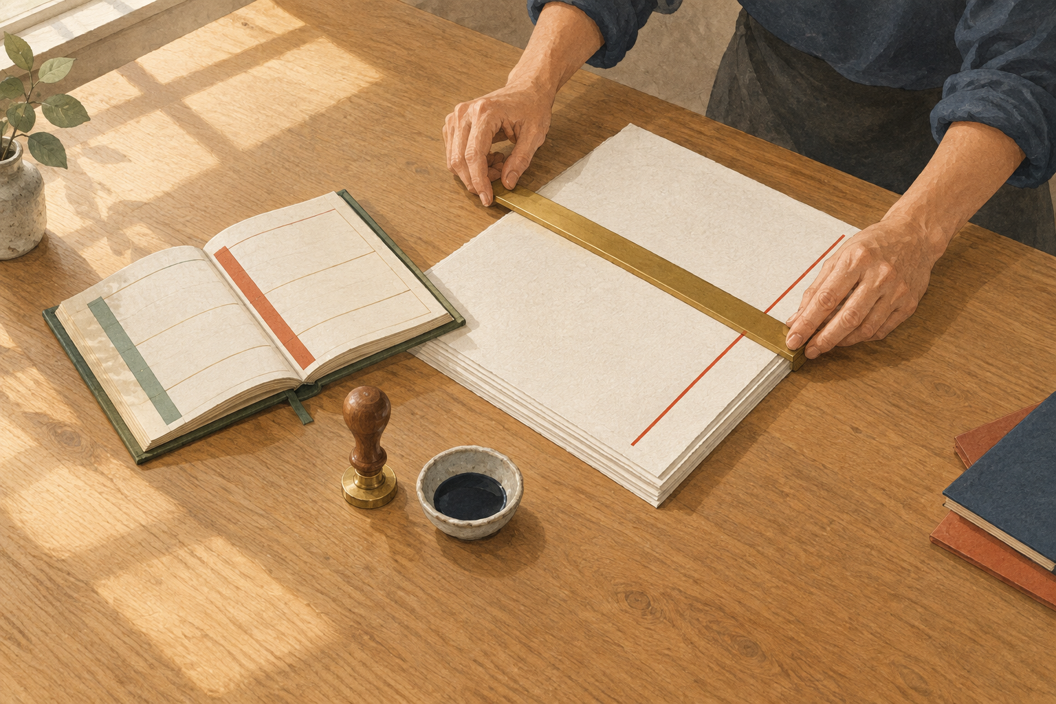 An editorial illustration of an editor’s hands using a brass ruler to mark a clean red boundary line across printed paper sheets on an oak desk.