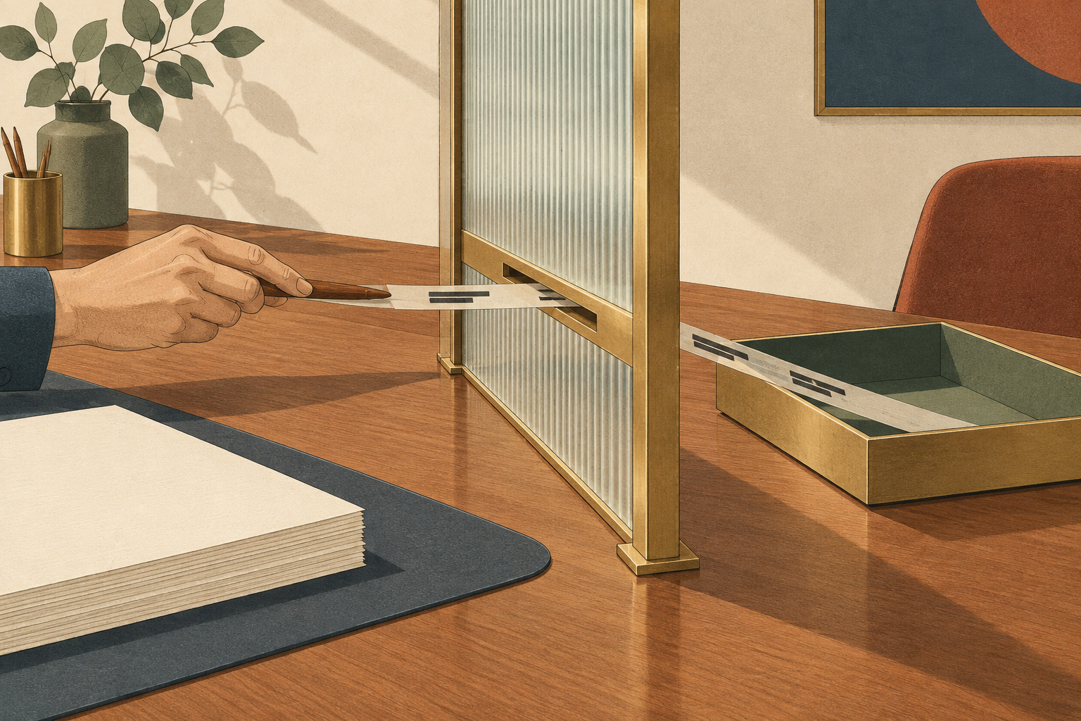 An editorial illustration of an orderly drafting table divided by a brass screen, showing documents carefully filtered through a narrow aperture.