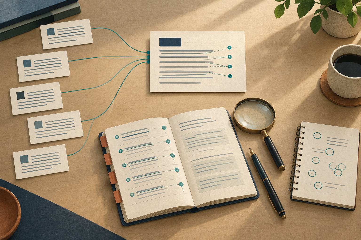Editorial illustration of source pages connected to an AI answer card above an evidence notebook, magnifying glass and pen.